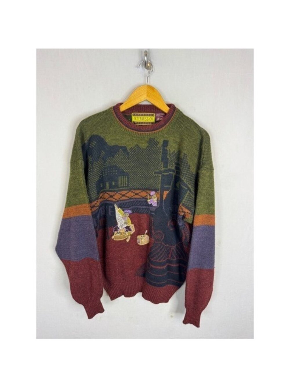 Vintage 90s  Intermission Train Station Intarsia Knit Sweater Mens L Colorblock
